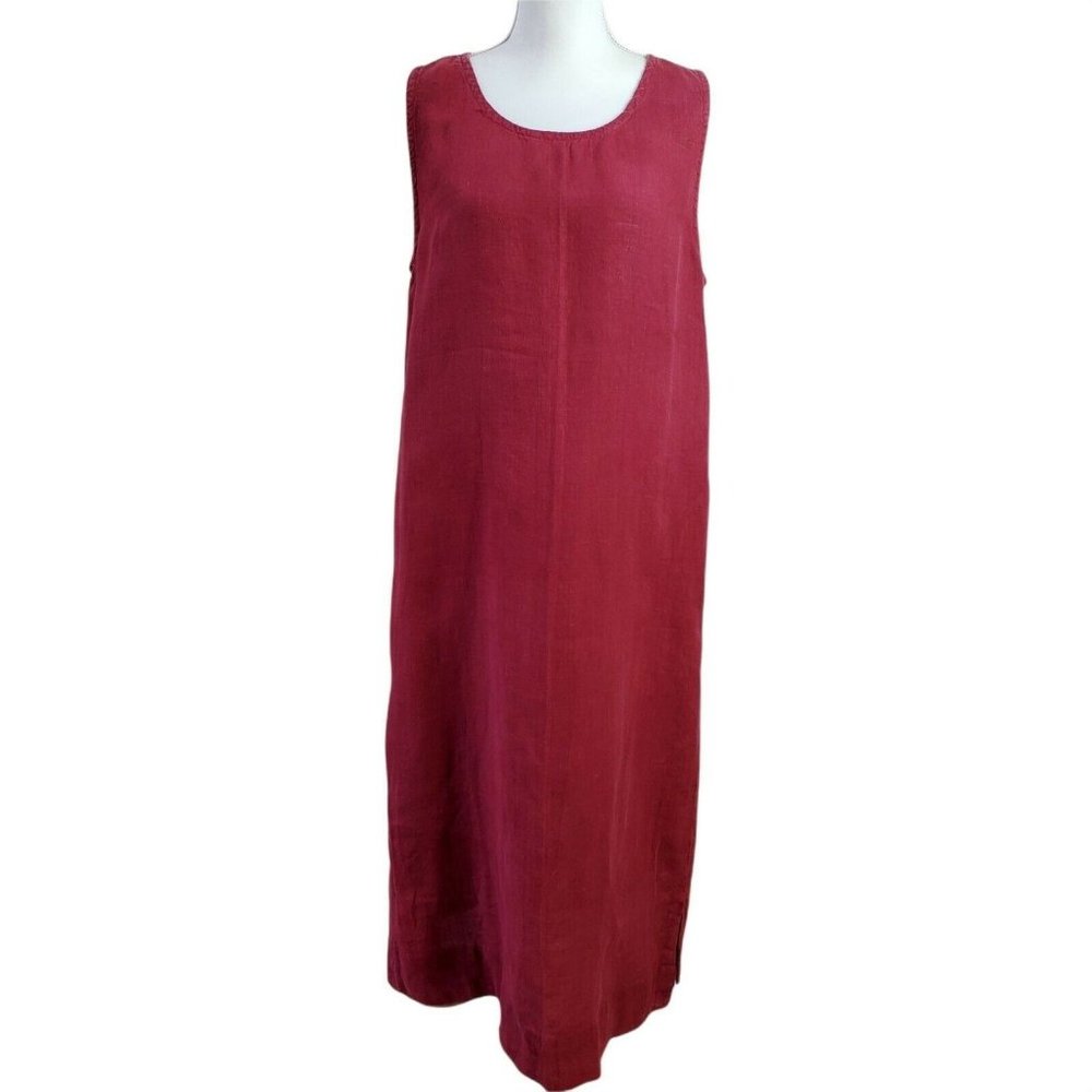 Womens Jumper Dress Sz Large Burgundy Sleeveless Distressed Lagenlook 100% Linen